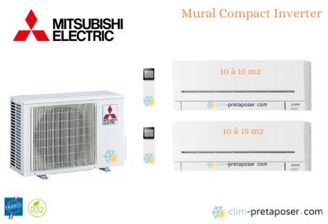 Climatiseur réversible bi split Mural Compact Mitsubishi MXZ-2F33VF3-2X-MSZ-AP15VGK