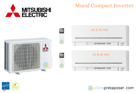 Climatiseur réversible bi split Mural Compact Mitsubishi MXZ-2F33VF3-2x-MSZ-AP15VGK