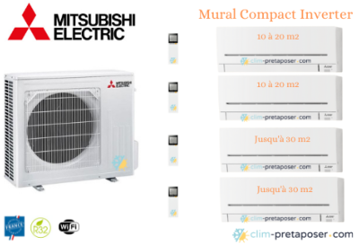 Climatiseur quadri split prêt à poser Mural Compact Mitsubishi MXZ-4F72VF-2xMSZ-AP20VGK-2xMSZ-AP35VGK-