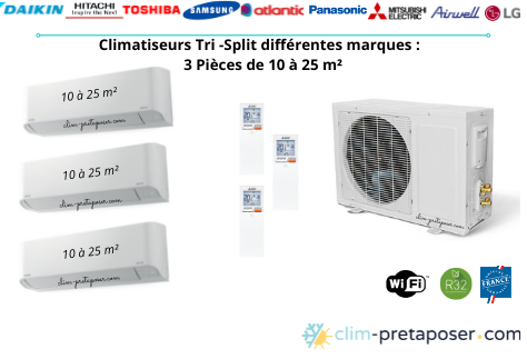 Climatiseur tri-split pret a poser pour 3 pièces de 10 à 25 m²