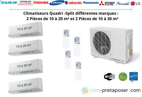 climatiseur PAP quadri split pour 2 pièces de 10 à 20 m² et 2 pièces de 10 à 30 m²