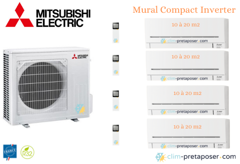 Climatiseur quadri split prêt à poser Mural Compact Mitsubishi MXZ-4F72VF et 4 X MSZ-AP20VGK-