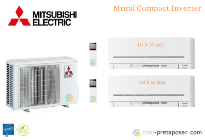 Climatiseur réversible bi split Mural Compact Mitsubishi MXZ-2F33VF3-2x-MSZ-AP15VGK