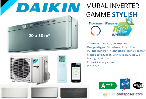 Climatisation réversible DAIKIN FTXA25BS-RXA25A9 STYLISH Coloris Argent