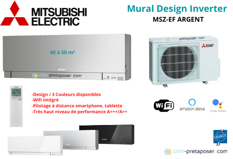 Clim réversible MITSUBISHI Gamme Design MSZ-EF50VGS et MUZ-EF50VG-Gris argent