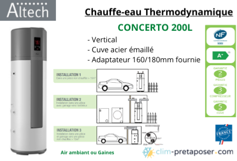 Vente en ligne de chauffe eau thermodynamique ALTECH 200 litres prêt a  poser 7107131 A+