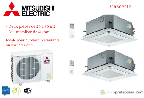 Climatiseur Bi-Cassette 4 voies 600x600 Mitsubishi-MXZ-2F33VF3-2xSLZM25FA-Sous façades et télécommandes comprises