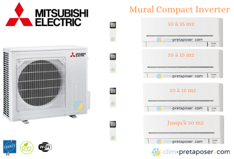 Climatiseur 4 unités intérieures prêt à poser Mural Compact Mitsubishi MXZ-4F72VF3-3xMSZ-AP15VGK-MSZ-AP35VGK
