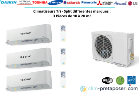 Climatiseur tri split pour 3 pièces de 10 m² à 20 m²
