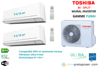 Climatisation réversible YUKAI TOSHIBA bi split RAS-2M10G3AVG-E-2xRAS-B05E2KVG-E-