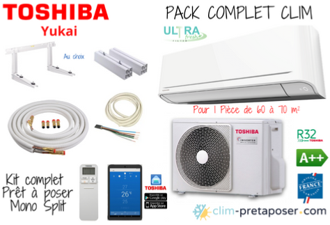 Pack complet clim prêt à poser mono split TOSHIBA YUKAI RAS-24E2AVG-E-RAS-B24E2KVG-E