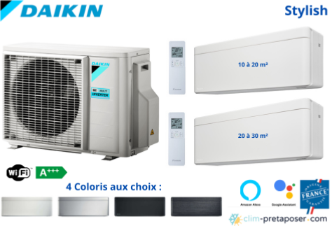 Climatisation réversible bi split DAIKIN 2MXM50A9-FTXA25AW- FTXA20AW STYLISH 4 Coloris aux choix