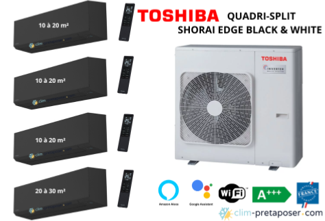 Climatisation réversible quadri split TOSHIBA SHORAI EDGE WHITE RAS-4M27G3AVG-E-3xRAS-B07G3KVSGB-E-RAS-B10G3KVSGB-E-