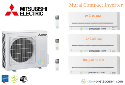 Climatiseur prêt à poser tri split  Mural Compact Mitsubishi  MXZ-3F68VF3 et 2 xMSZ-AP20VGK 1xAP42VGK