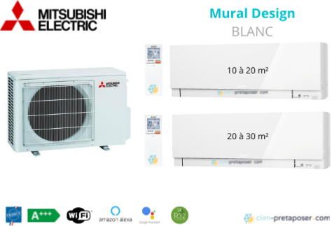 Climatiseur réversible bi split Mural Design Mitsubishi MXZ-2F33VF3-MSZ-EF18VGKW-MSZ-EF25VGKW