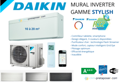 Climatisation réversible DAIKIN FTXA20AW-RXA20A9 STYLISH Coloris Blanc