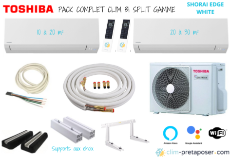 Pack complet prêt à poser climatisation réversible bi split TOSHIBA SHORAI EDGE  WHITE RAS-2M14G3AVG-E-RAS-B07G3KVSG-E-RAS-B10G3KVSG-EBlanche