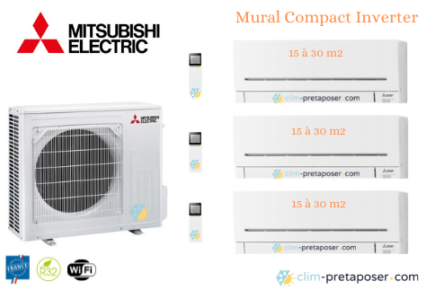 Climatiseur prêt à poser tri split Mural Compact Mitsubishi MXZ-3F54VF3-3xMSZ-AP25VGK