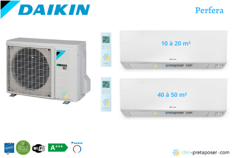 Climatiseur réversible bi split DAIKIN Perfera 2MXM68A9-FTXM20R-FTXM42R-