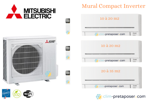 Climatiseur prêt à poser tri split Mural Compact Mitsubishi MXZ-3F54VF3-2xMSZ-AP15VGK+1xAP35VGK