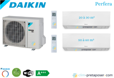 Climatiseur réversible bi split DAIKIN Perfera 2MXM68A9-FTXM25R-FTXM50R-