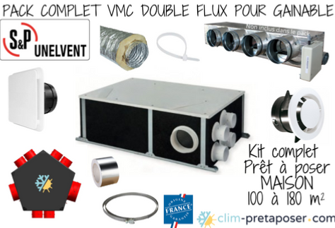 Pack complet VMC double flux pour gainable ORKA BP HR pour 4 sanitaires de  Unelvent avec Gaines