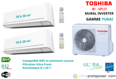 Climatisation réversible YUKAI TOSHIBA bi split RAS-2M10G3AVG-E-2xRAS-B07E2KVG-E-