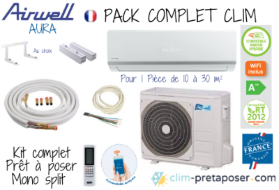 Pack complet clim prêt à poser mono split AIRWELL AURA HDLE-025N-09M25-YDAE-025R-09M25//AW-HDLW009-N91-AW-YHDL009-H91