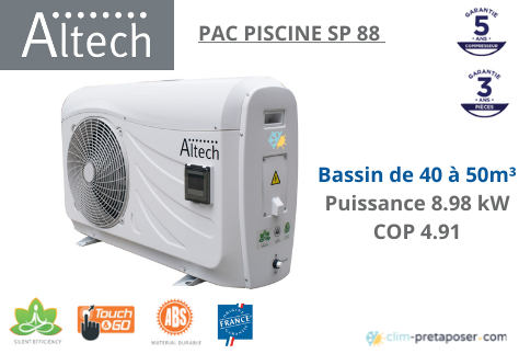 Pompe a chaleur piscine ALTECH SP88-8.98 KW- Bassin 40  50 m3