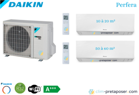 Climatiseur réversible bi split DAIKIN Perfera 2MXM68A9-FTXM20R-FTXM50R-