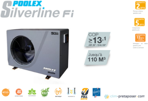 Pompe a chaleur piscine POOLEX SILVERLINE FI- 5 versions- Jusqu'à 110 m3