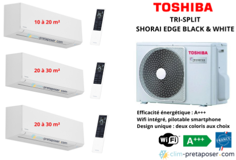 Climatisation réversible tri split TOSHIBA SHORAI EDGE BLACK RAS-3M26G3AVG-E-2xRAS-B10G3KVSGB-E-RAS-B07G3KVSGB-E BLANC