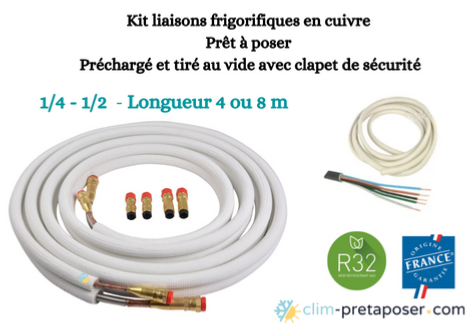 Kit liaisons frigorifiques flares complet préchargé et tiré au vide avec raccords à clapet de sécurité 1/4-1/2