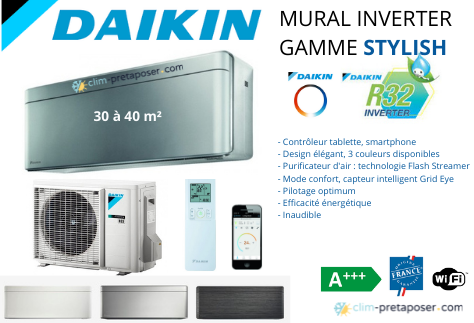 Climatisation réversible DAIKIN FTXA35CS-RXA35A8 STYLISH Coloris Argent