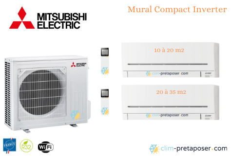 Climatiseur bi-split Mural Compact Mitsubishi MXZ-2F53FV3-MSZ-AP20VGK-AP35VGK