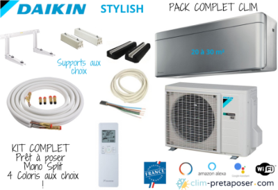 Pack complet climatisation réversible mono split prêt à poser DAIKIN STYLISH ARGENT FTXA25BS-RXA25A9