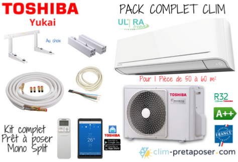 Pack complet clim prêt à poser mono split TOSHIBA YUKAI RAS-18E2AVG-E-RAS-B18E2KVG-E