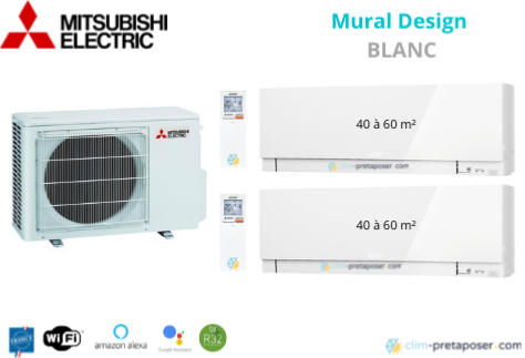 Climatiseur réversible bi split Mural Design Mitsubishi MXZ-3F68VF3-2xMSZ-EF50VGKW