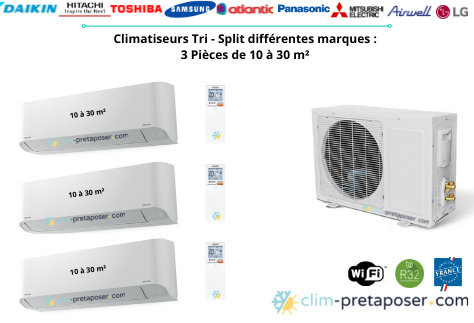 Climatiseur tri-split pour 3 pièces de 10 m² à 30 m²
