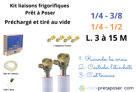 Kit liaisons frigorifiques flares complet préchargé et tiré au vide 3/8-5/8 et 1/4-1/2 et 1/4-3/8