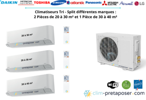 Climatiseur tri split pour 2 pices de 20 m  30 m et 1 pice de 30 m  40 m