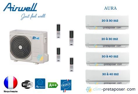 Clim réversible Quadri-split Airwell AURA YDZC436-2xAW-HDLW009-N91-2xAW-HDLW012-N91