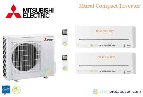 Climatiseur réversible bi split Mural Compact Mitsubishi MXZ-2F42VF3-MSZ-AP15VGK-MSZ-AP20VGK