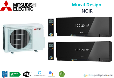 Climatiseur réversible bi split Mural Design Mitsubishi MXZ-2F33VF3-2xMSZ-EF18VGKB