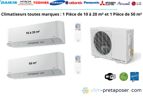 Climatiseur bi split pour 1 pice de 10 m  20 m et 1 pice de 50 m