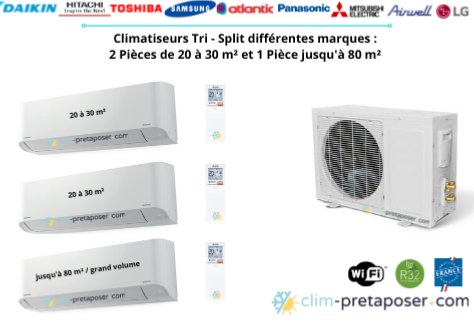 Climatiseur tri split pour 2 pices de 20 m  30 m et 1 pice jusqu' 80 m