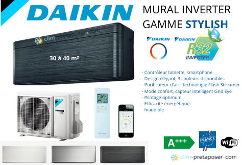 Climatisation réversible DAIKIN FTXA35BT-RXA35A9 STYLISH Coloris Noir aspect bois