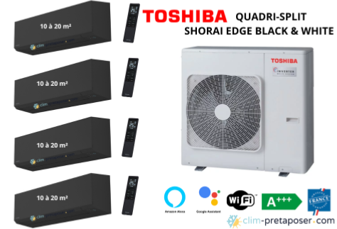 Climatisation réversible quadri split TOSHIBA SHORAI EDGE BLACK RAS-4M27G3AVG-E-4xRAS-B07G3KVSGB-E-