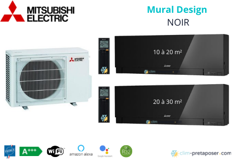 Climatiseur réversible bi split Mural Design Mitsubishi MXZ-2F33VF3-MSZ-EF18VGKB-MSZ-EF25VGKB