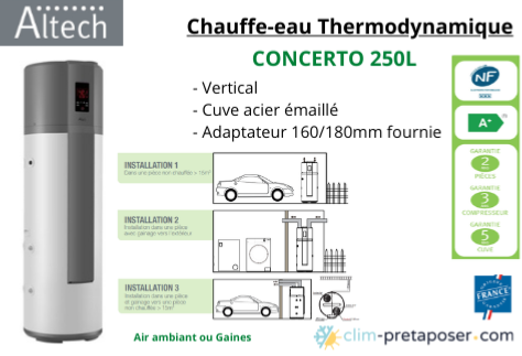 Chauffe eau thermodynamique Altech CONCERTO 250L-7107132 avec adaptateur  180/160mm classe A+